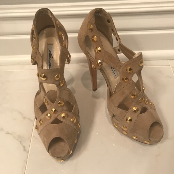Brian Atwood suede platform gold studded sandal - Picture 2 of 4